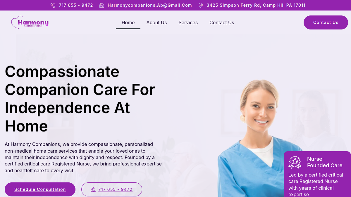 Harmony Companions website - Non-medical home care web design in Camp Hill, Pennsylvania