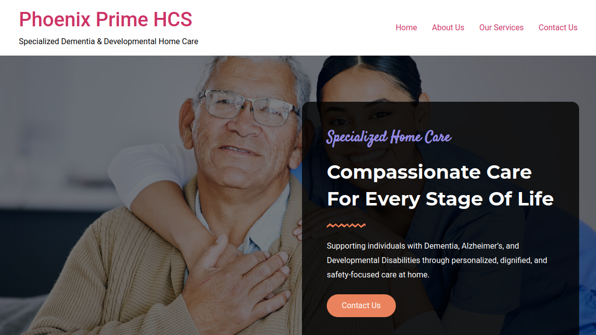 Phoenix Prime Home Care Services website - Specialized dementia and disability home care web design