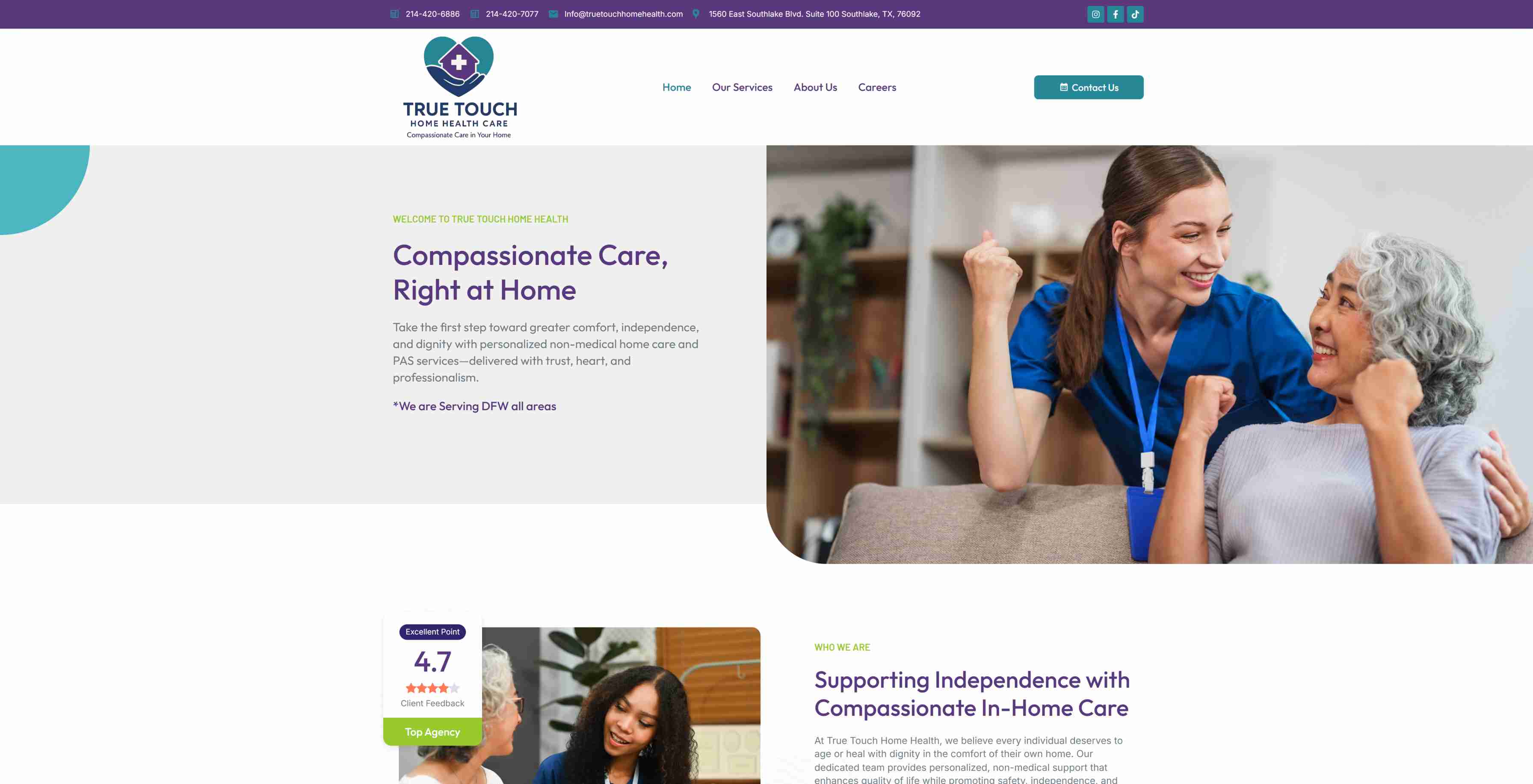 True Touch Home Health website - Professional non-medical home care web design for Texas residents