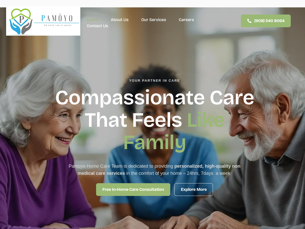 Pamoyo Home Care website - Professional home care web design for senior and disability care services